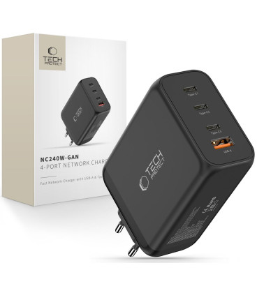 Juodas 1xUSB-A + 3xUSB-C PD240W / QC3.0 pakrovėjas "Tech-Protect NC240W-GAN 4-Port"