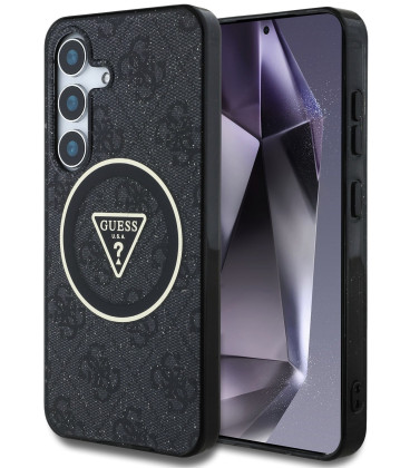 Juodas dėklas Samsung Galaxy S25 FE telefonui "Guess IML 4G Glitter and Triangle Logo MagSafe Case"