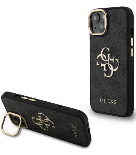 Juodas dėklas Apple iPhone 15 telefonui "Guess PU 4G Metal Logo Stand Camera Frame Case"