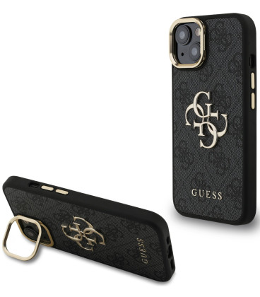 Juodas dėklas Apple iPhone 15 telefonui "Guess PU 4G Metal Logo Stand Camera Frame Case"