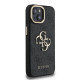 Juodas dėklas Apple iPhone 15 telefonui "Guess PU 4G Metal Logo Stand Camera Frame Case"