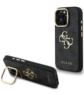 Juodas dėklas Apple iPhone 15 Pro telefonui "Guess PU 4G Metal Logo Stand Camera Frame Case"