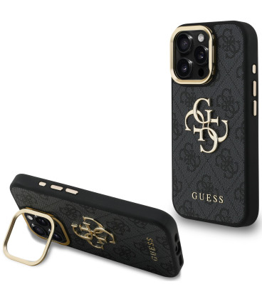 Juodas dėklas Apple iPhone 15 Pro telefonui "Guess PU 4G Metal Logo Stand Camera Frame Case"