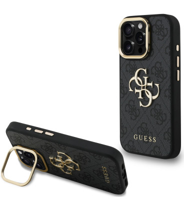Juodas dėklas Apple iPhone 15 Pro Max telefonui "Guess PU 4G Metal Logo Stand Camera Frame Case"