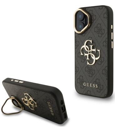 Juodas dėklas Apple iPhone 16 telefonui "Guess PU 4G Metal Logo Stand Camera Frame Case"