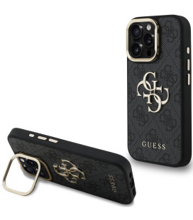Juodas dėklas Apple iPhone 16 Pro telefonui "Guess PU 4G Metal Logo Stand Camera Frame Case"
