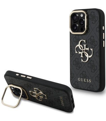 Juodas dėklas Apple iPhone 16 Pro telefonui "Guess PU 4G Metal Logo Stand Camera Frame Case"