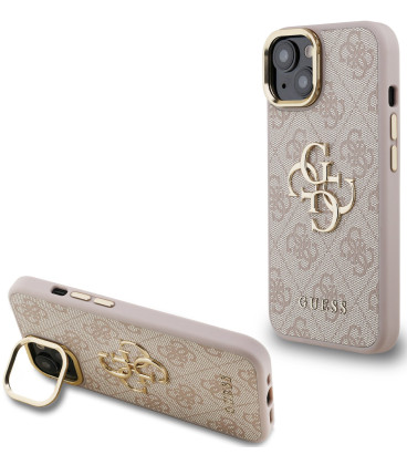 Rožinis dėklas Apple iPhone 15 telefonui "Guess PU 4G Metal Logo Stand Camera Frame Case"