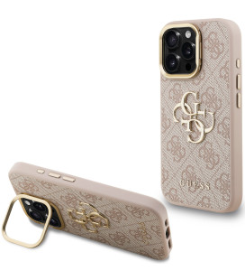 Rožinis dėklas Apple iPhone 15 Pro telefonui "Guess PU 4G Metal Logo Stand Camera Frame Case"