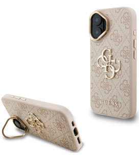 Rožinis dėklas Apple iPhone 16 telefonui "Guess PU 4G Metal Logo Stand Camera Frame Case"