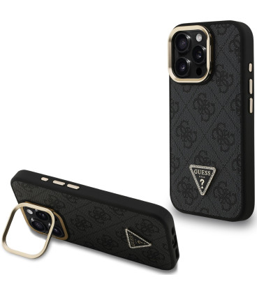 Juodas dėklas Apple iPhone 15 Pro telefonui "Guess PU 4G Strass Triangle Logo Stand Camera Frame MagSafe Case"