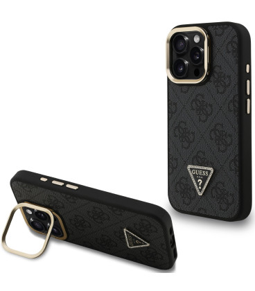 Juodas dėklas Apple iPhone 15 Pro Max telefonui "Guess PU 4G Strass Triangle Logo Stand Camera Frame MagSafe Case"