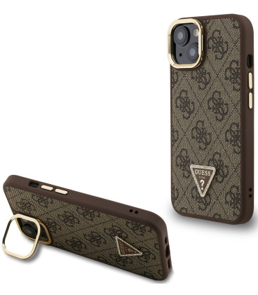 Rudas dėklas Apple iPhone 13 telefonui "Guess PU 4G Strass Triangle Logo Stand Camera Frame MagSafe Case"
