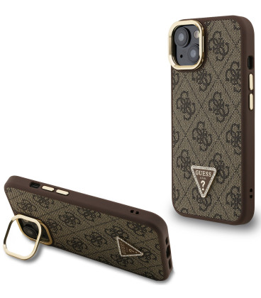 Rudas dėklas Apple iPhone 14 telefonui "Guess PU 4G Strass Triangle Logo Stand Camera Frame MagSafe Case"