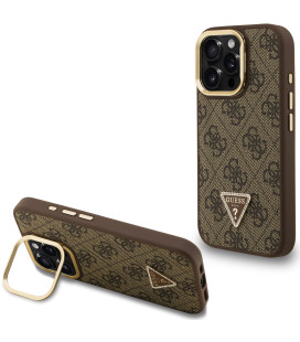 Rudas dėklas Apple iPhone 15 Pro telefonui "Guess PU 4G Strass Triangle Logo Stand Camera Frame MagSafe Case"
