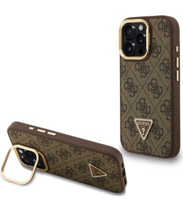 Rudas dėklas Apple iPhone 15 Pro Max telefonui "Guess PU 4G Strass Triangle Logo Stand Camera Frame MagSafe Case"