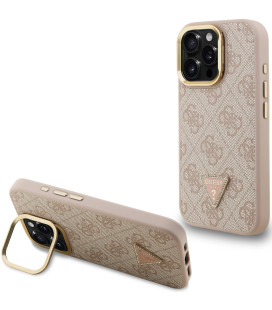 Rožinis dėklas Apple iPhone 15 Pro telefonui "Guess PU 4G Strass Triangle Logo Stand Camera Frame MagSafe Case"