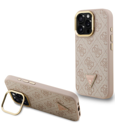 Rožinis dėklas Apple iPhone 16 Pro telefonui "Guess PU 4G Strass Triangle Logo Stand Camera Frame MagSafe Case"