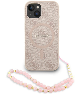 Rožinis dėklas Apple iPhone 15 telefonui "Guess PU Leather 4G Colored Ring Strap MagSafe Case"