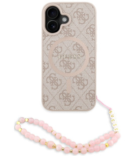Rožinis dėklas Apple iPhone 16 telefonui "Guess PU Leather 4G Colored Ring Strap MagSafe Case"