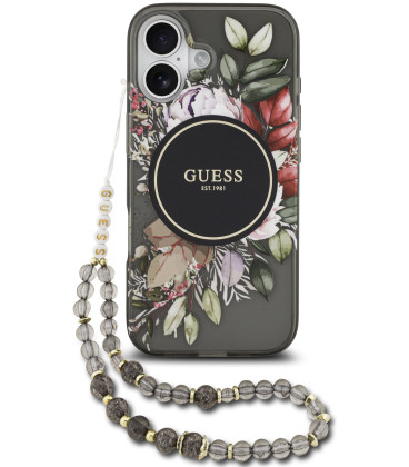 Juodas dėklas Apple iPhone 17 telefonui "Guess IML Flowers Strap MagSafe Case"