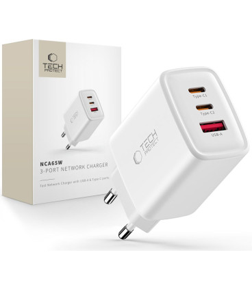 Baltas 1xUSB-A + 2xUSB-C PD65W / QC3.0 pakrovėjas "Tech-Protect NCA65W-GAN 3-Port"