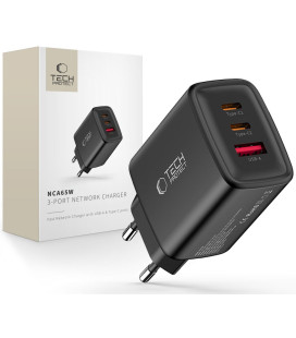 Juodas 1xUSB-A + 2xUSB-C PD65W / QC3.0 pakrovėjas "Tech-Protect NCA65W-GAN 3-Port"