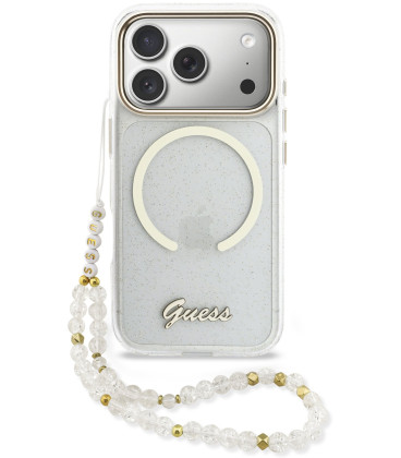 Skaidrus dėklas su blizgučiais Apple iPhone 17 Pro Max telefonui "Guess IML Glitter Script Strap MagSafe Case"