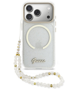 Skaidrus dėklas su blizgučiais Apple iPhone 17 Pro telefonui "Guess IML Glitter Script Strap MagSafe Case"