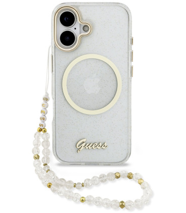 Skaidrus dėklas su blizgučiais Apple iPhone 17 telefonui "Guess IML Glitter Script Strap MagSafe Case"