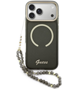 Juodas dėklas su blizgučiais Apple iPhone 17 Pro Max telefonui "Guess IML Glitter Script Strap MagSafe Case"