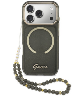 Juodas dėklas su blizgučiais Apple iPhone 17 Pro telefonui "Guess IML Glitter Script Strap MagSafe Case"