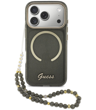 Juodas dėklas su blizgučiais Apple iPhone 17 Pro telefonui "Guess IML Glitter Script Strap MagSafe Case"