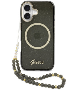 Juodas dėklas su blizgučiais Apple iPhone 17 telefonui "Guess IML Glitter Script Strap MagSafe Case"