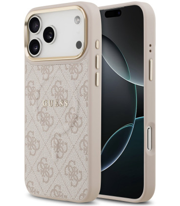 Rožinis dėklas Apple iPhone 17 Pro Max telefonui "Guess PU Leather 4G Gold Frame MagSafe Case"