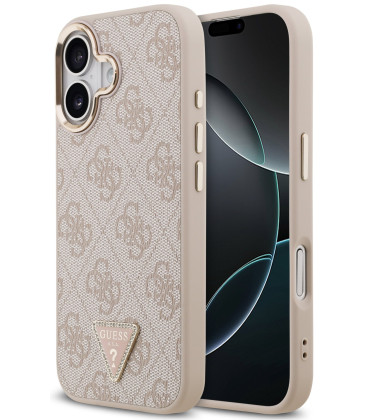 Rožinis dėklas Apple iPhone 17 telefonui "Guess PU Leather 4G Strass Triangle Logo Gold Frame MagSafe Case"