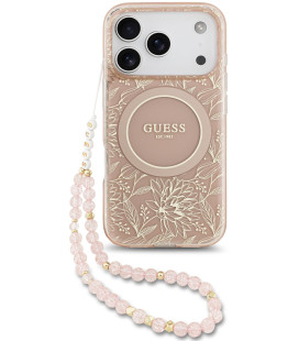 Rožinis dėklas Apple iPhone 17 Pro telefonui "Guess IML Flowers Allover Strap MagSafe Case"