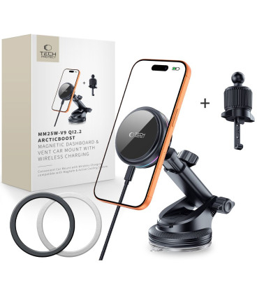 Juodas magnetinis automobilinis telefono laikiklis su 25W QI2.2 krovimu "Tech-Protect V9 Arcticboost Magnetic Vent & Dash"