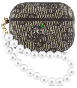Rudas dėklas Apple Airpods Pro 3 ausinėms "Guess PU 4G Classic Logo Pearl Strap Case"
