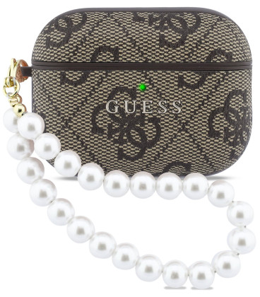 Rudas dėklas Apple Airpods Pro 3 ausinėms "Guess PU 4G Classic Logo Pearl Strap Case"