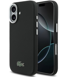 Juodas dėklas Apple iPhone 17 telefonui "Lacoste PVC Iconic Petit Pique Metal Logo MagSafe Case"