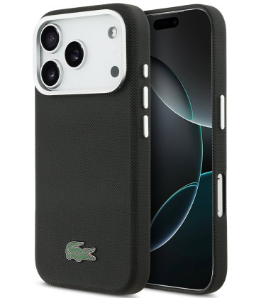 Juodas dėklas Apple iPhone 17 Pro Max telefonui "Lacoste PVC Iconic Petit Pique Metal Logo MagSafe Case"
