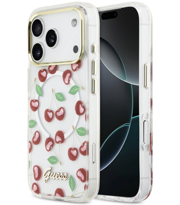 Veidrodinio efekto dėklas Apple iPhone 17 Pro telefonui "Guess IML Glitter Cherry MagSafe Case"