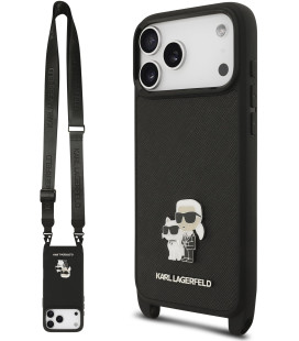 Juodas dėklas Apple iPhone 17 Pro Max telefonui "Karl Lagerfeld Saffiano Crossbody Strap Metal Karl and Choupette Case"