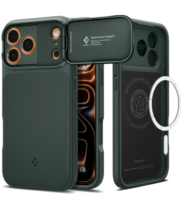 Žalias dėklas Apple iPhone 17 Pro / 18 Pro telefonui "Spigen Optik Armor MAG Magsafe"