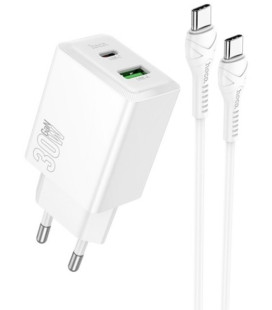 Baltas 1xUSB-C + 1xUSB-A 30W GaN pakrovėjas + USB-C - USB-C 100cm laidas "Hoco N71"
