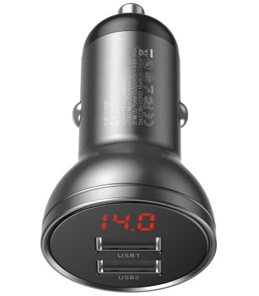 Juodas automobilinis 24W 2xUSB-A įkroviklis "Baseus Digital Display"