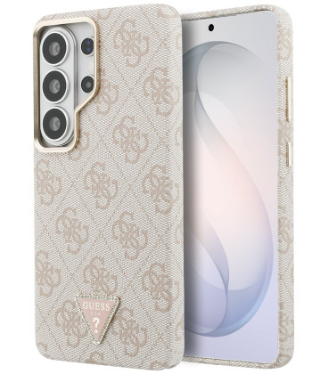 Rožinis dėklas Samsung Galaxy S26 Ultra telefonui "Guess PU Leather 4G Strass Triangle Logo Gold Frame Magnetic Case"