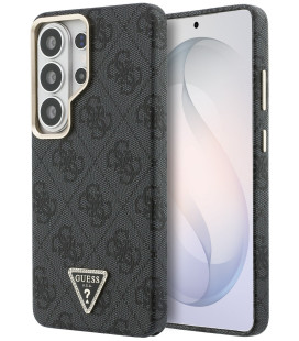 Juodas dėklas Samsung Galaxy S26 Ultra telefonui "Guess PU Leather 4G Strass Triangle Logo Gold Frame Magnetic Case"