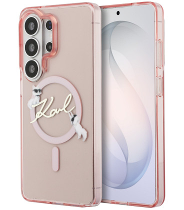 Rožinis dėklas Samsung Galaxy S26 Ultra telefonui "Karl Lagerfeld IML Choupette Karl Script Logo Magnetic Case"